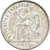 1933 (1934) Spania 1 peseta, 3 og 4 i stjernene på hver side av årstall, 1+/01