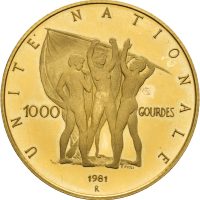 1981 Haiti 1000 gourdes, Jean Claude Duvalier 10 år president , 14 g .900 gull, fingermerke, 0