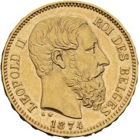 1874 Belgia 20 francs Leopold II, 6,45 g .900 g, 01