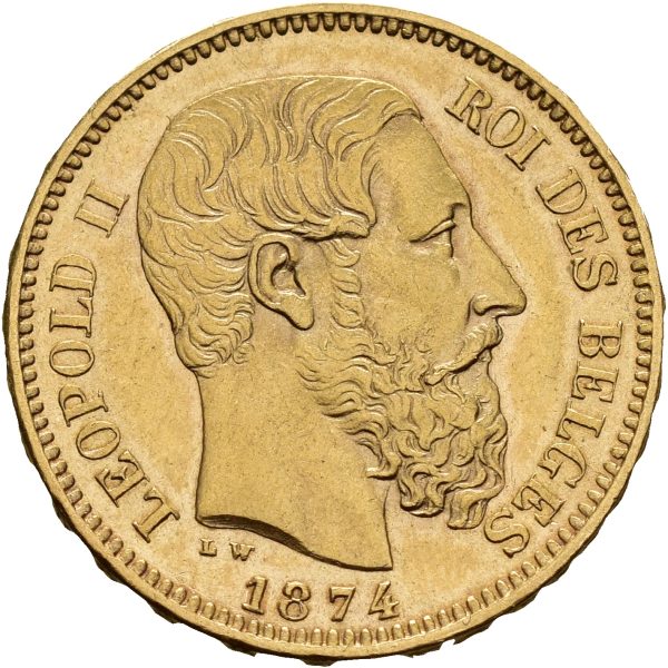 1874 Belgia 20 francs Leopold II, 6,45 g .900 g, 01