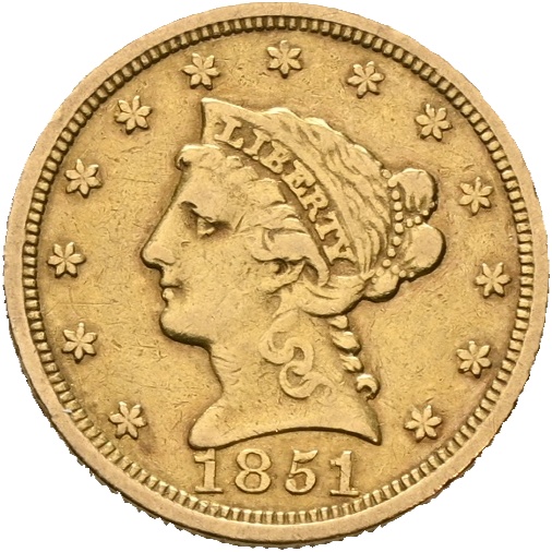 1851 USA 2 1/2 dollar Philadelphia, lite kantmerke, 1+