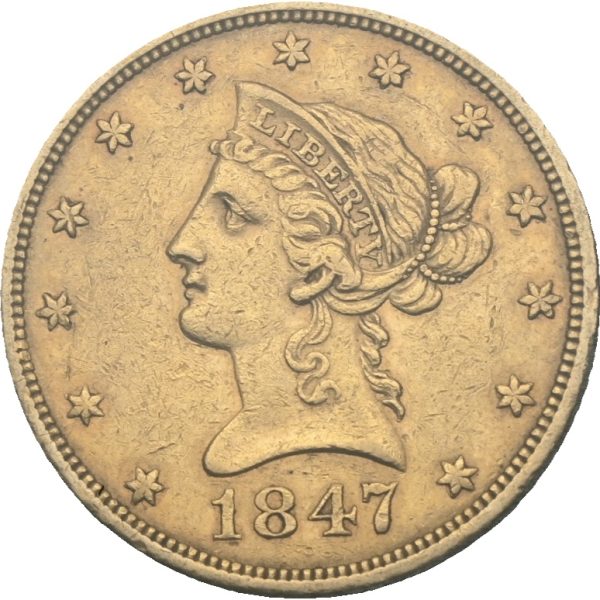 1847 USA 10 dollars Philadelphia, små kantmerker, 1+/01
