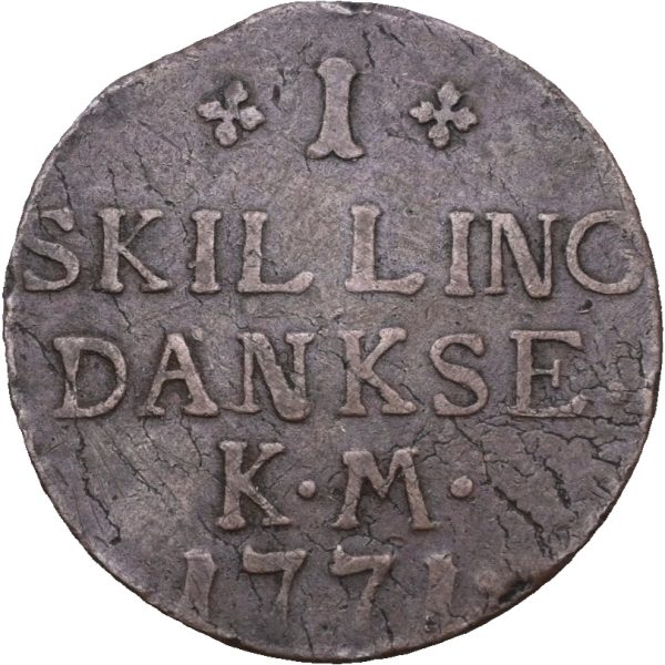 1771 Danmark 1 skilling DANKSE Christian VII, hakk og merker, 1