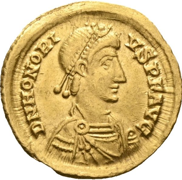 AV solidus Honorius (393-423 e. Kr.), Ravenna, 4, 5 g, små riper på revers, lett buklet, 1+/01