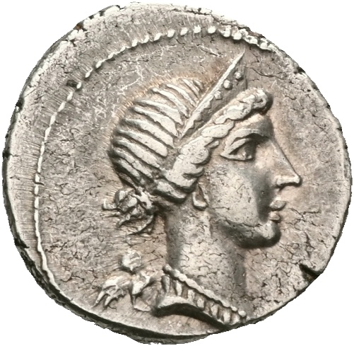 d. 44 f.Kr.  AR denarius Julius Caesar (46-45 f. Kr.), 3,55 g, Spania, 1+