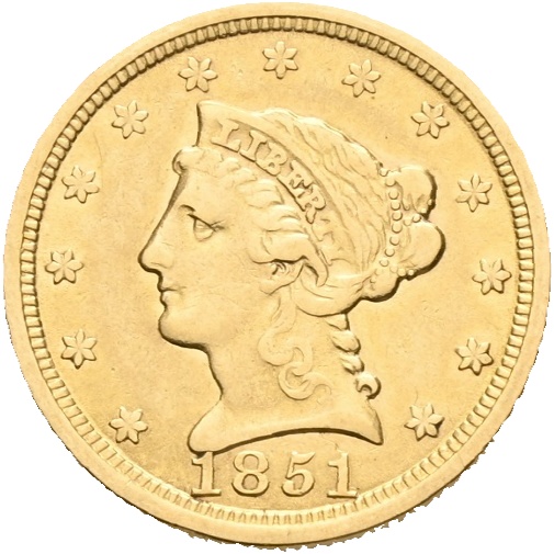 1851 USA 2 1/2 dollar Philadelphia, lt. kantmerke, renset, 1+