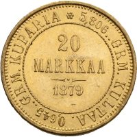 1879 Finland 20 markkaa Alexander II, tynn ripe, 0/01