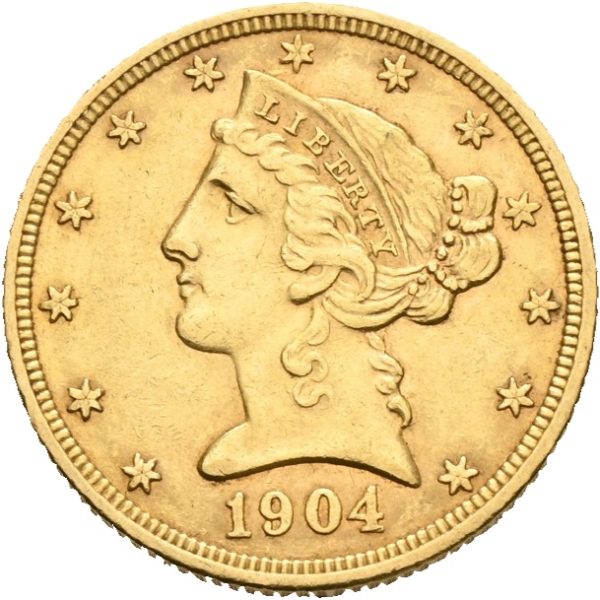 1904 USA 5 dollars Philadelphia, min. kantmerker, 01