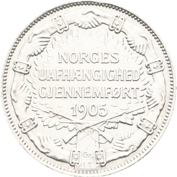 1907 2 kroner med gevær Haakon VII, renset, 0/01