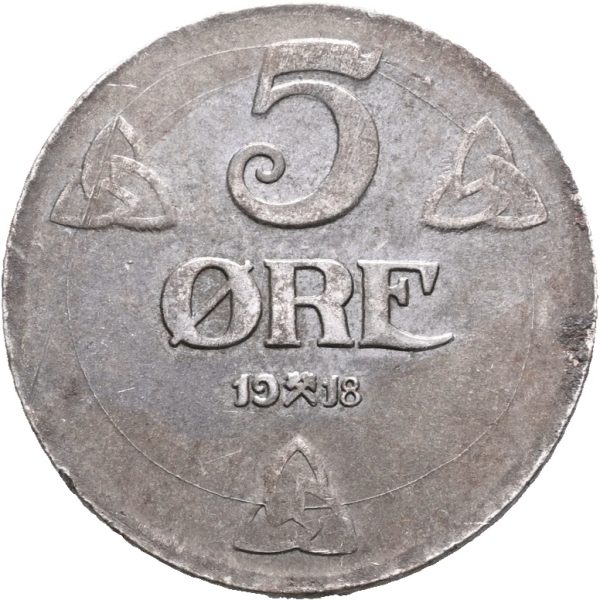 1918 5 øre Haakon VII, rust, kantmerker, 1+/01