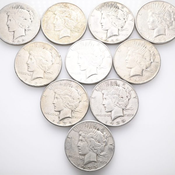 1922-1935 USA dollar Peace 10 stk., 240,57 g rent sølv, VK