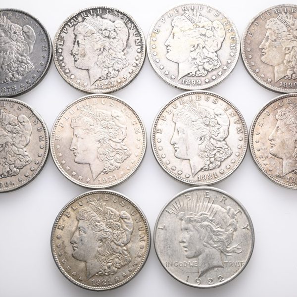 1878-1921 USA dollar Morgan 9 stk., 1922 dollar Peace 1 stk., 240,57 g rent sølv, VK