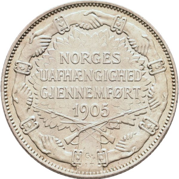1907 2 kroner m/gevær, anhengsspor og grafitti.