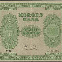 1945 50 kroner A.1605415, 3. utgave, flekk, 1
