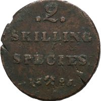 1825 2 skilling Carl XIV Johan, blankettfeil, pregesprekk, 1