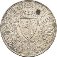 1910 2 kroner Haakon VII, flekk, 01