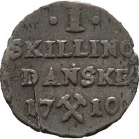 1710 1 skilling Frederik IV, bøyd/ bl. sprekk, 1