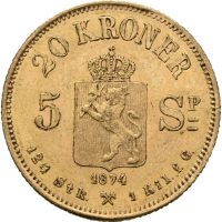 1874 20 kroner/ 5 spd.  Oscar II, 1+/01
