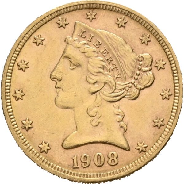 1908 USA 5 dollars Liberty Head, Philadelphia, 1+/01