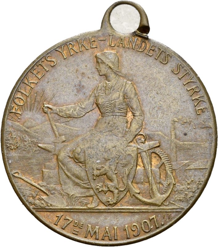17. mai 1907 bronse, brudd i hempe, 1907 risset inn på revers, 1+