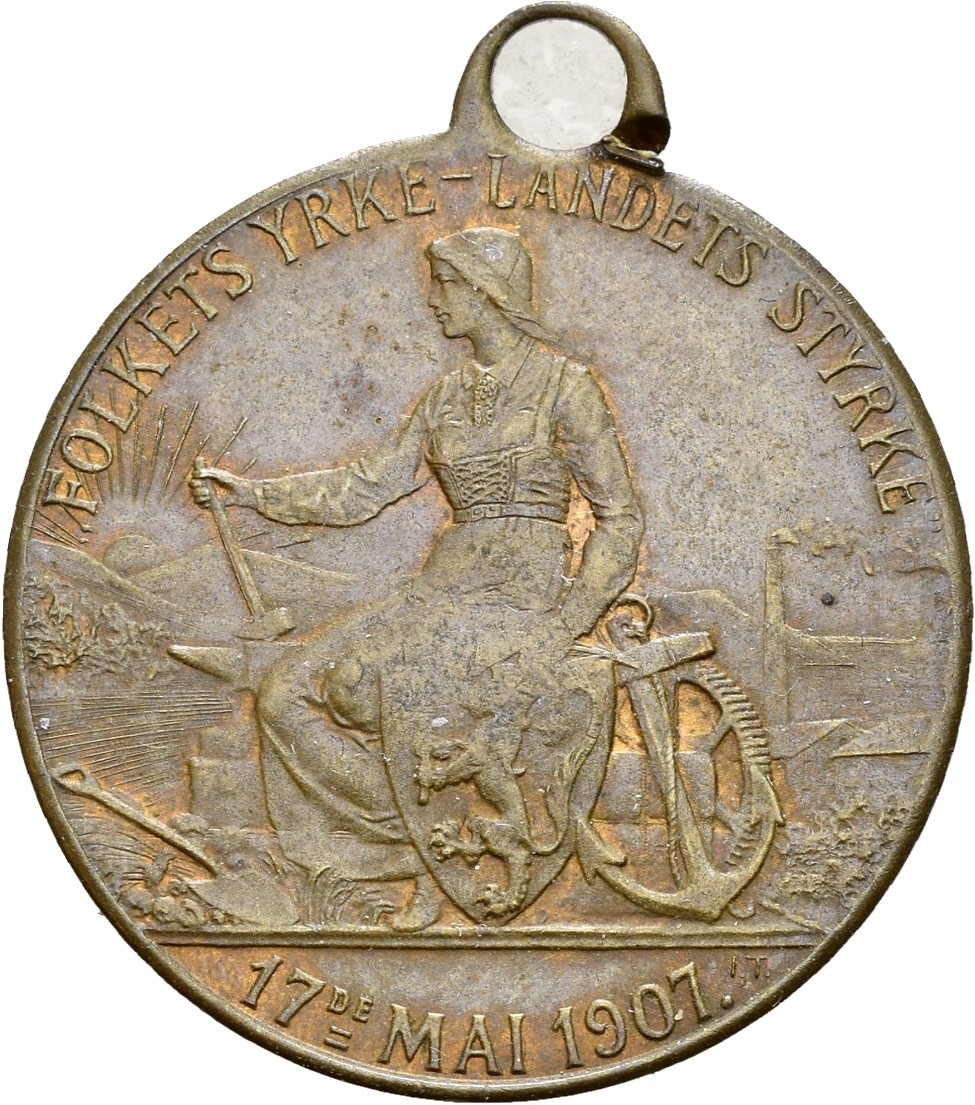 17. mai 1907 bronse, brudd i hempe, 1907 risset inn på revers, 1+