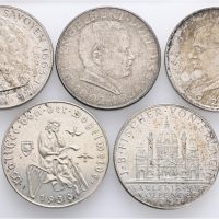 1925-37 Østerrike 2 schilling, lott 5 stk., .640 sølv, 01-0