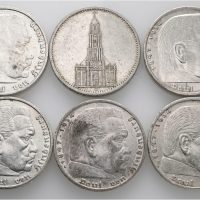 1935-39 Tyskland 5 reichsmark Paul von Hindenburg, lott 6 stk., alle forskjellige, VK