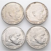 1936-38 Tyskland 5 reichsmark Paul von Hindenburg, lott 4 stk., alle forskjellige, VK
