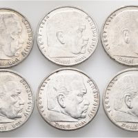 1936-38 Tyskland 5 reichsmark Paul von Hindenburg, lott 6 stk., alle forskjellige, VK