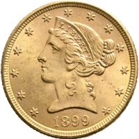 1899 USA 5 dollars, Liberty Head, Philadelphia, 0/01