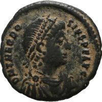Æ nummus Theodosius I (379-395 e. Kr.), 2,8 g, Antioch, avsetninger, 1/1+