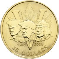 2005 Canada 50 dollar Elizabeth II, WWII end 60 år, opplag 4000 stk., 7 g rent gull, proof