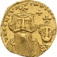 Bysants AV solidus Constans II (641-668 e. Kr.) m. Constantine IV, 4,33 g, Constantinople, klippet, graffiti, 1+