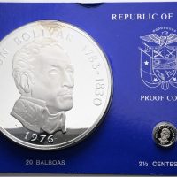 1976 Panama 20 balboas og 2 1/2 centesimos i proofsett, 61 mm og 10 mm, .925 sølv, proof
