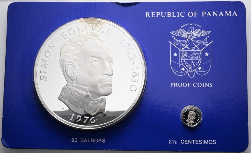 1976 Panama 20 balboas og 2 1/2 centesimos i proofsett, 61 mm og 10 mm, 129,59 g .925 sølv, proof