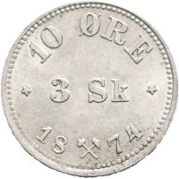 1874 10 øre/ 3 skilling Oscar II, 0/01