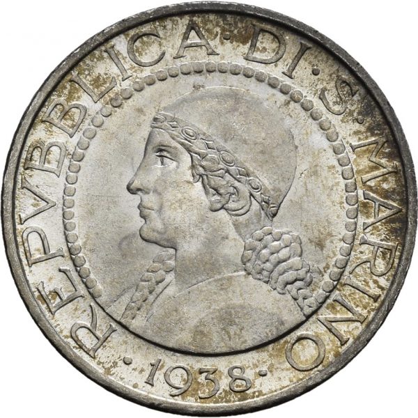1938 San Marino 5 lire, 5 g .835 sølv, 0