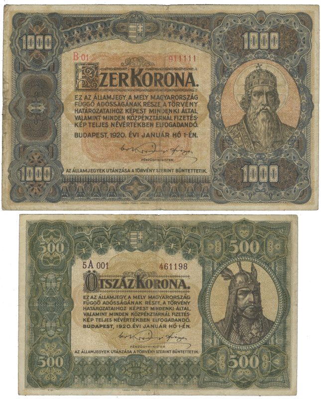 1920 Ungarn 500 og 1000 korona, VK
