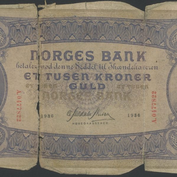 1936 1000 kroner A.0477822, 2. utgave, 1/3 avrevet, SSS, 2