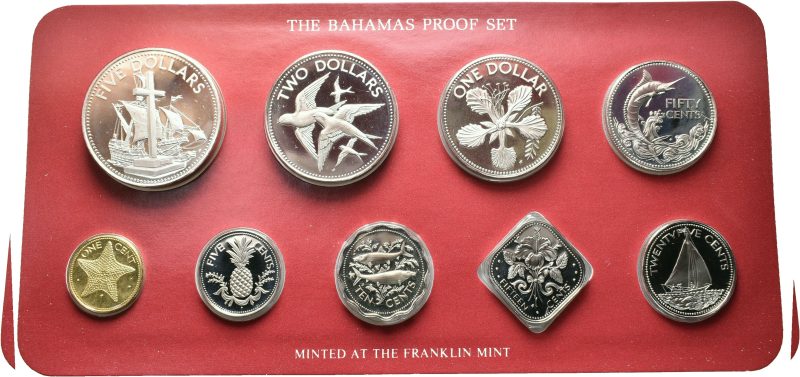 1982 Bahamas Proofsett, ulike metaller, Franklin mynt, proof