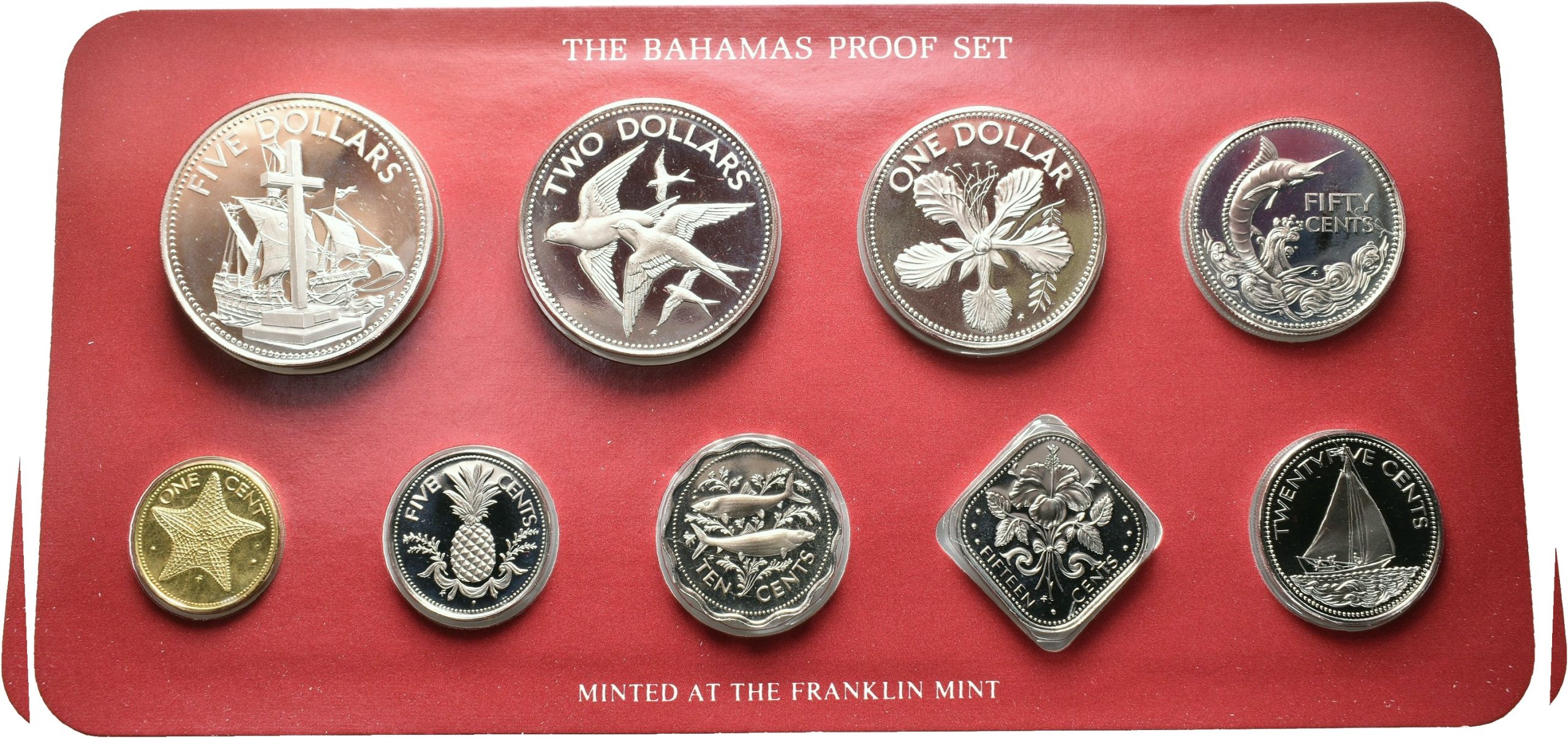 1982 Bahamas Proofsett, ulike metaller, Franklin mynt, proof