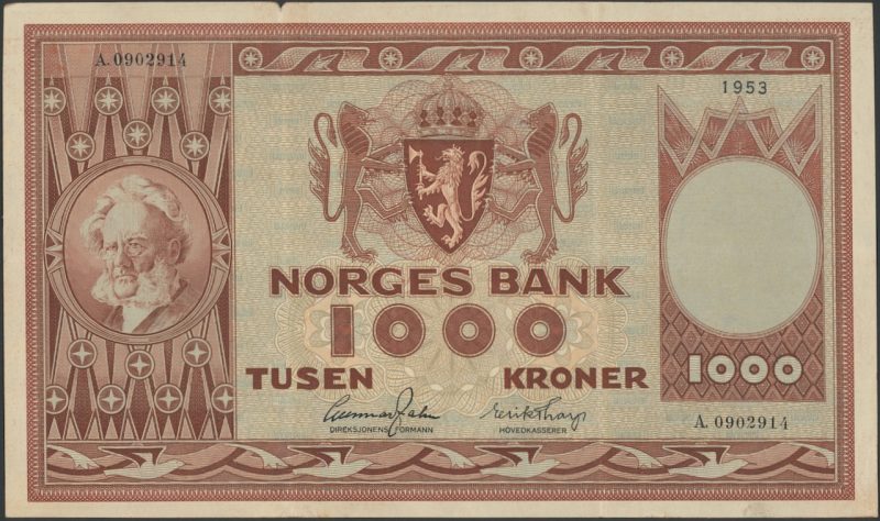 1953 1000 kroner A.0902914, 4. utgave, brett rift/ skade, 1/1-