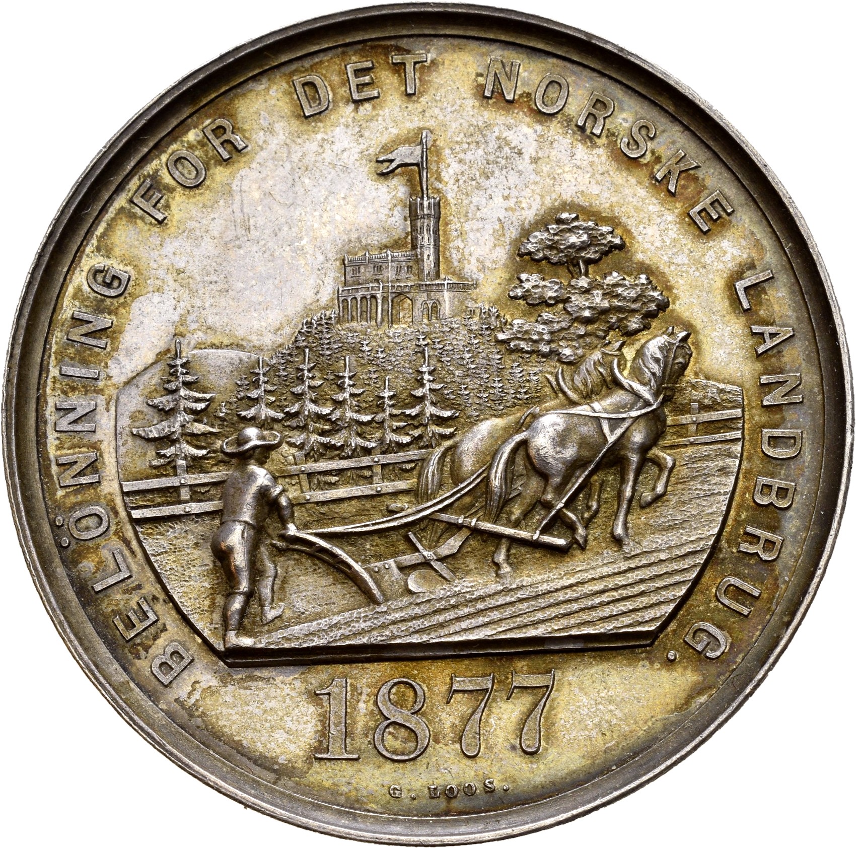 1877 Prismedalje Landbruksutstillingen i Christiania Oscar II, sølv, 01