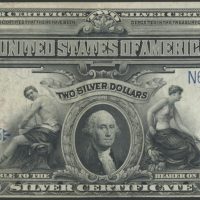 1899 USA 2 dollars Silver Certificate, påskrevet "10" rev., 1