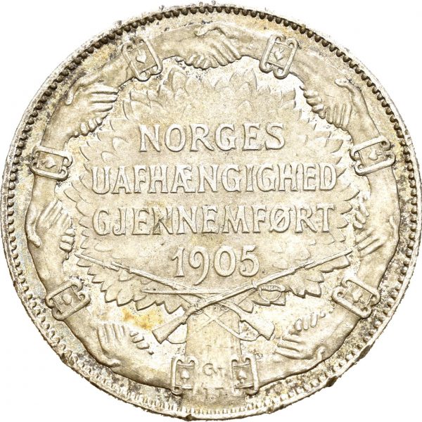 1907 2 kroner med gevær Haakon VII, små kanthakk, 01