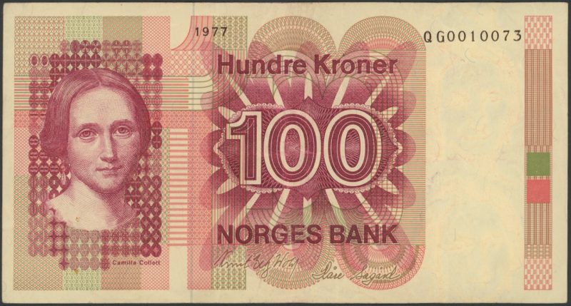 1977 100 kroner QG0010073, 6. utgave, erstatningsseddel, 1-