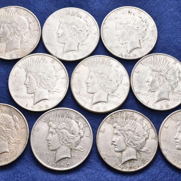1922, 1923 og  1926 USA Peace dollars 10 stk., 240,6 g rent sølv, VK