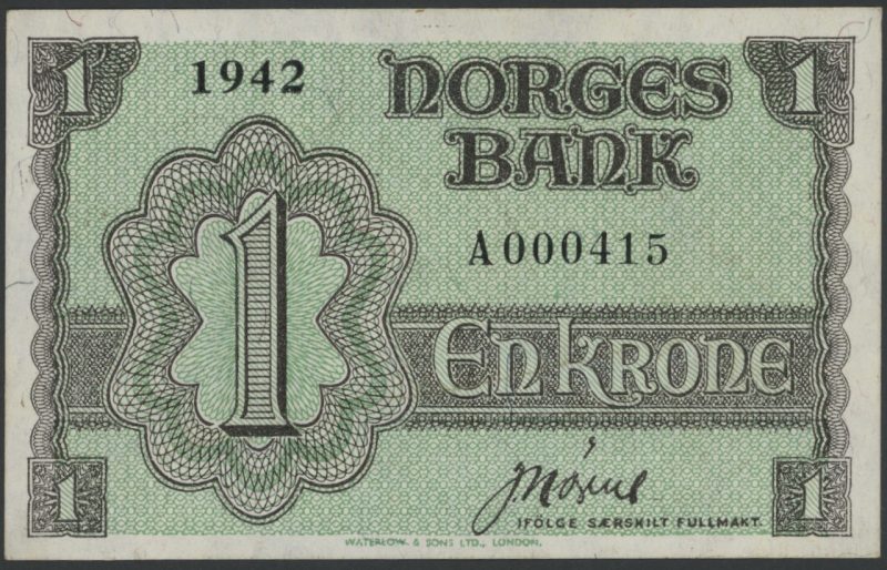 1942 1 krone A000415, Londonseddel, 01