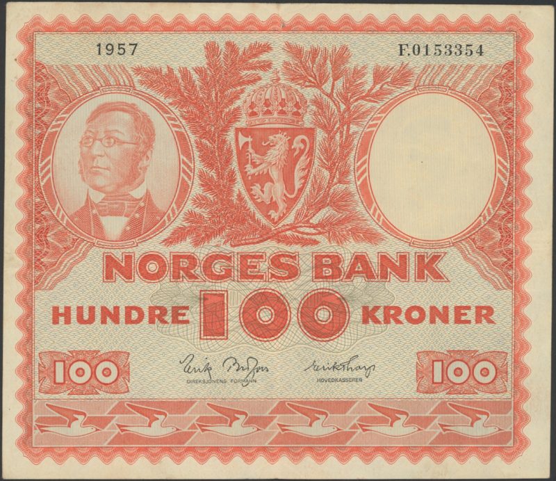 1957 100 kroner F.0153354, 4. utg., 1/1+