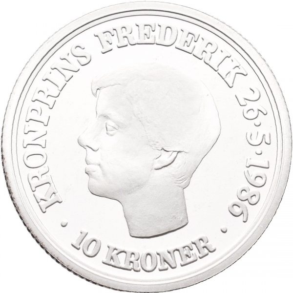 1986 Danmark 10 kroner Kronprins Frederik 18 år, sølv, proof